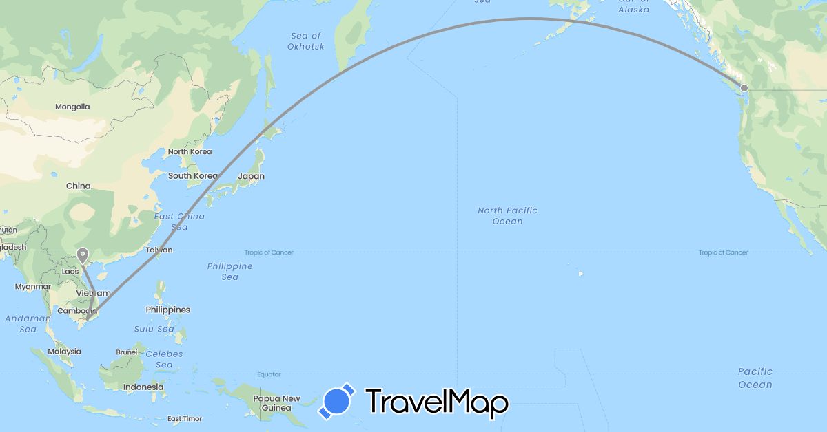 TravelMap itinerary: driving, plane in Canada, Taiwan, Vietnam (Asia, North America)